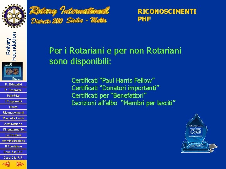 Rotary Foundation RICONOSCIMENTI PHF P. Educativi P. Umanitari Polio. Plus I Programmi Share Riconoscimenti