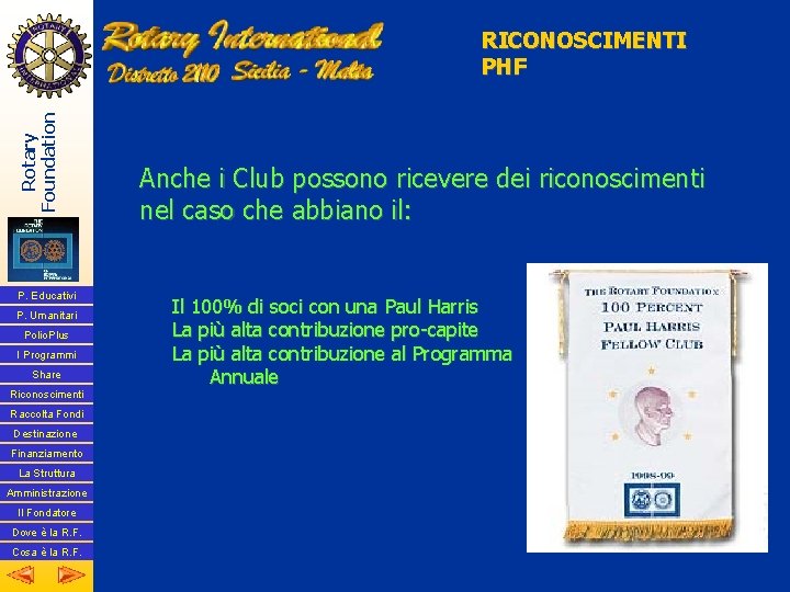 Rotary Foundation RICONOSCIMENTI PHF P. Educativi P. Umanitari Polio. Plus I Programmi Share Riconoscimenti