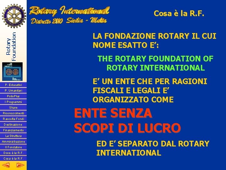 Rotary Foundation Cosa è la R. F. P. Educativi P. Umanitari Polio. Plus I