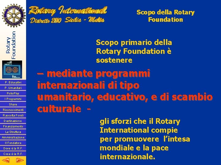 Rotary Foundation Scopo della Rotary Foundation P. Educativi P. Umanitari Polio. Plus I Programmi