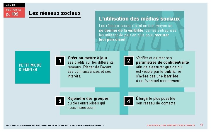 CAHIER SECTION 4. 3 p. 109 Les réseaux sociaux L’utilisation des médias sociaux Les