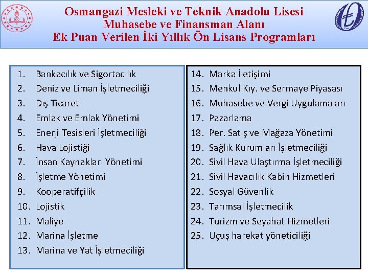 Osmangazi Mesleki ve Teknik Anadolu Lisesi Muhasebe ve Finansman Alanı Ek Puan Verilen İki