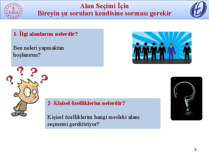 Alan Seçimi İçin Bireyin şu soruları kendisine sorması gerekir 1 - İlgi alanlarım nelerdir?