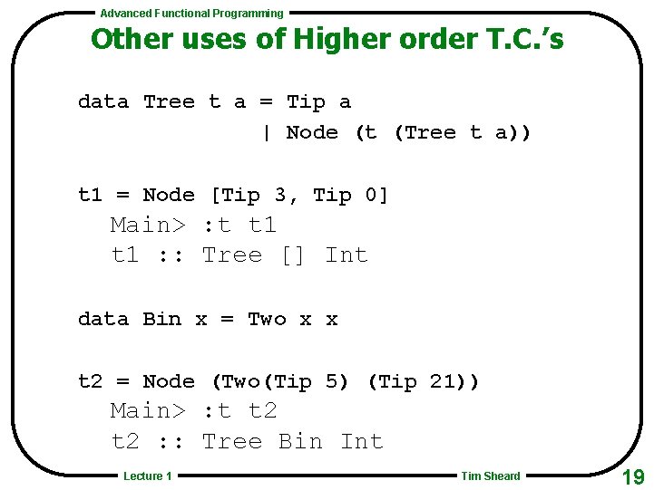 Advanced Functional Programming Other uses of Higher order T. C. ’s data Tree t