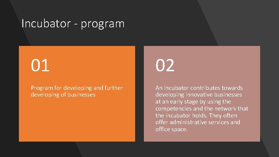 Incubator - program 01 02 Program for developing and further developing of businesses An