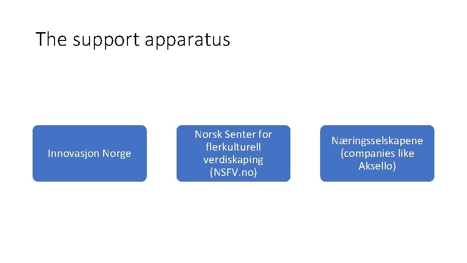 The support apparatus Innovasjon Norge Norsk Senter for flerkulturell verdiskaping (NSFV. no) Næringsselskapene (companies