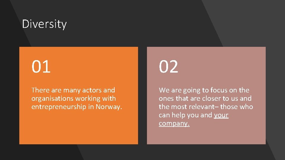 Diversity 01 02 There are many actors and organisations working with entrepreneurship in Norway.