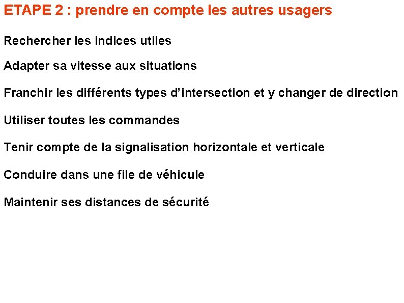 ETAPE 2 : prendre en compte les autres usagers Recher les indices utiles Adapter