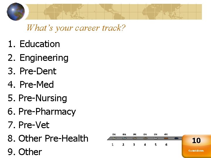 What’s your career track? 1. Education 2. Engineering 3. Pre-Dent 4. Pre-Med 5. Pre-Nursing