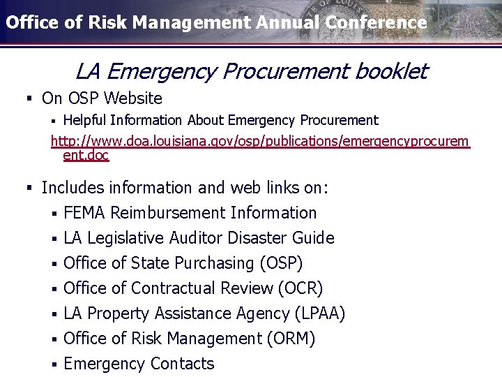 Office of Risk Management Annual Conference LA Emergency Procurement booklet § On OSP Website