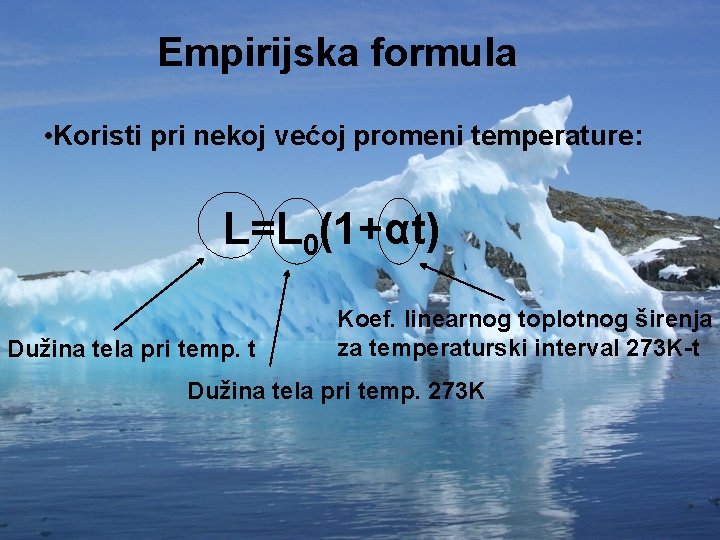 Empirijska formula • Koristi pri nekoj većoj promeni temperature: L=L 0(1+αt) Dužina tela pri