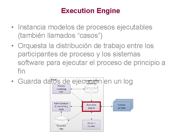 Execution Engine • Instancia modelos de procesos ejecutables (también llamados “casos”) • Orquesta la