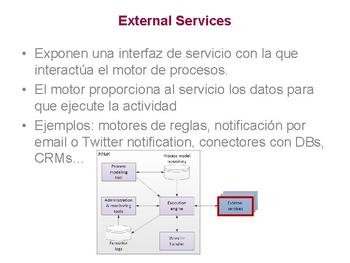 External Services • Exponen una interfaz de servicio con la que interactúa el motor