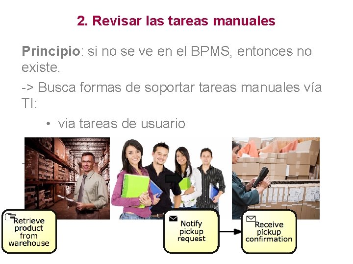 2. Revisar las tareas manuales Principio: si no se ve en el BPMS, entonces