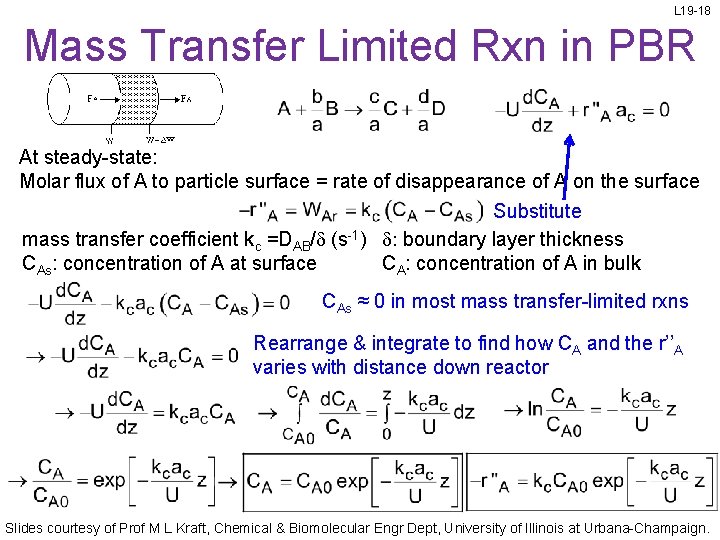 L 19 -18 Mass Transfer Limited Rxn in PBR At steady-state: Molar flux of