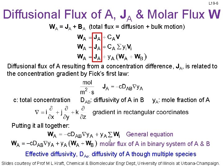 L 19 -6 Diffusional Flux of A, JA & Molar Flux W WA =