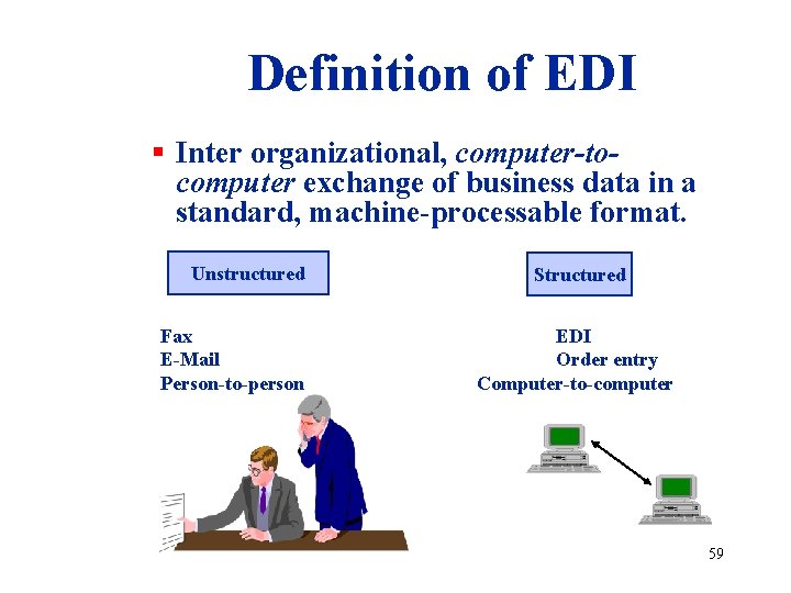 Definition of EDI § Inter organizational, computer-tocomputer exchange of business data in a standard,