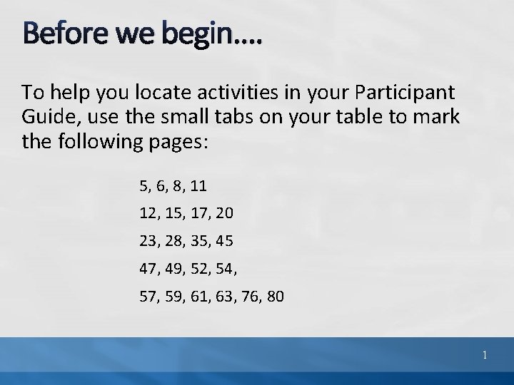 Before we begin…. To help you locate activities in your Participant Guide, use the