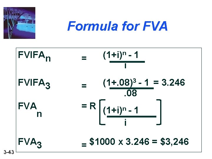 Formula for FVA FVIFAn 3 -43 = (1+i)n - 1 i FVIFA 3 =