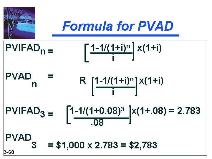 Formula for PVAD PVIFADn = PVAD n = PVIFAD 3 = PVAD 3 -60