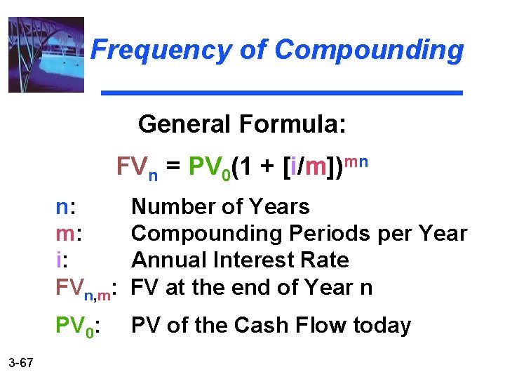 Frequency of Compounding General Formula: FVn = PV 0(1 + [i/m])mn n: Number of