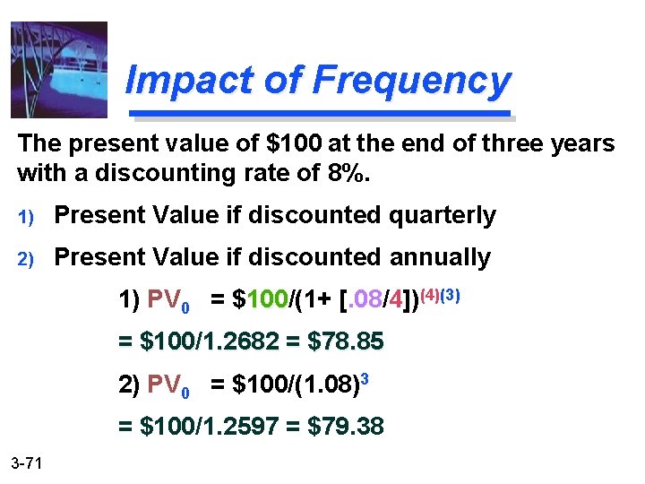 Impact of Frequency The present value of $100 at the end of three years