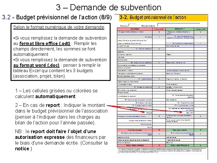 3 – Demande de subvention 3. 2 - Budget prévisionnel de l’action (8/9) Selon