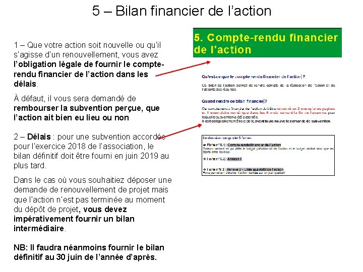 5 – Bilan financier de l’action 1 – Que votre action soit nouvelle ou