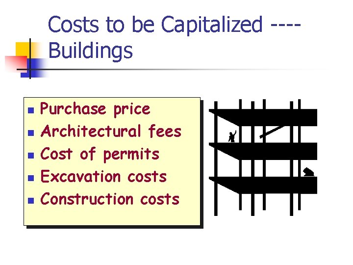 Costs to be Capitalized ---Buildings n n n Purchase price Architectural fees Cost of