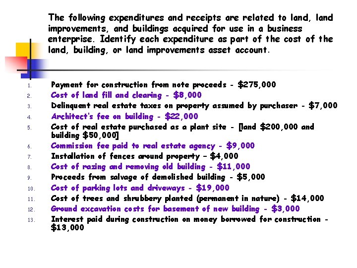 The following expenditures and receipts are related to land, land improvements, and buildings acquired