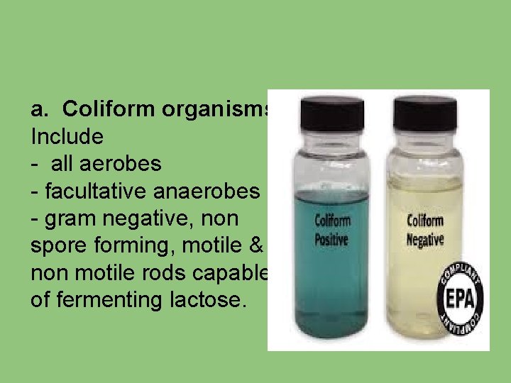 a. Coliform organisms: Include - all aerobes - facultative anaerobes - gram negative, non