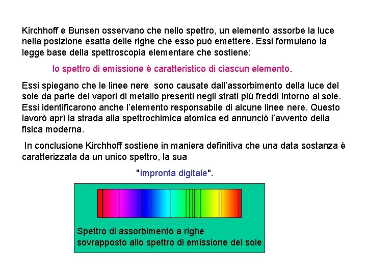 Kirchhoff e Bunsen osservano che nello spettro, un elemento assorbe la luce nella posizione