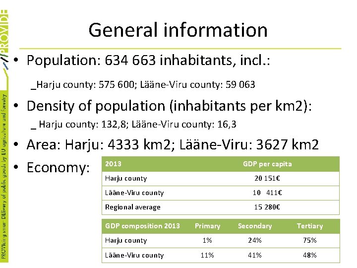 General information • Population: 634 663 inhabitants, incl. : _Harju county: 575 600; Lääne-Viru