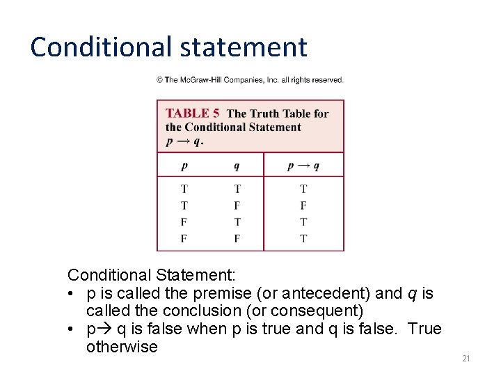 Conditional statement Conditional Statement: • p is called the premise (or antecedent) and q