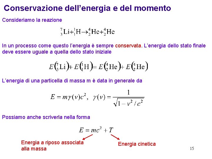 Conservazione dell’energia e del momento Consideriamo la reazione In un processo come questo l’energia