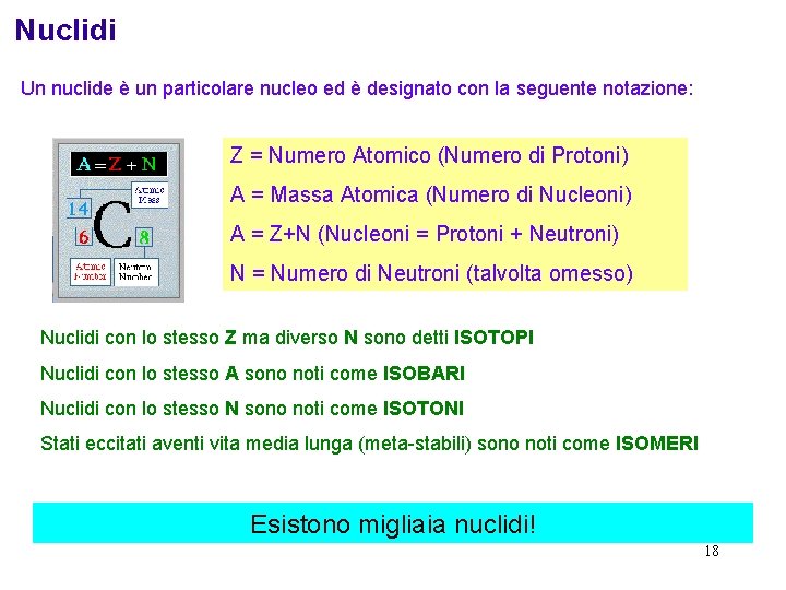 Nuclidi Un nuclide è un particolare nucleo ed è designato con la seguente notazione: