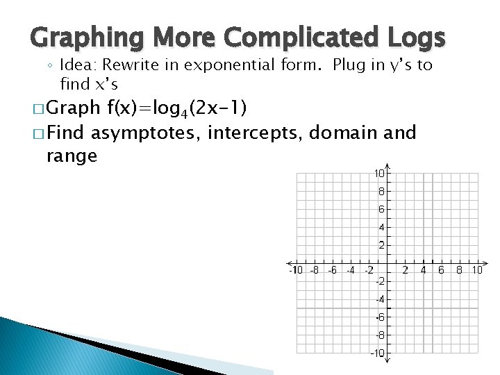 Graphing More Complicated Logs ◦ Idea: Rewrite in exponential form. Plug in y’s to