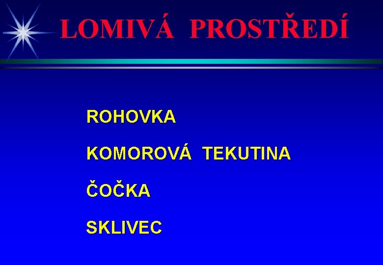 LOMIVÁ PROSTŘEDÍ ROHOVKA KOMOROVÁ TEKUTINA ČOČKA SKLIVEC 