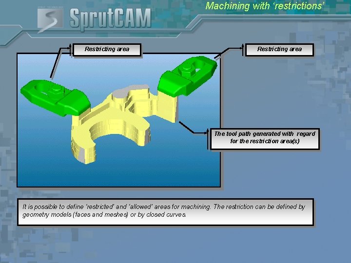 Machining with ‘restrictions’ Restricting area The tool path generated with regard for the restriction