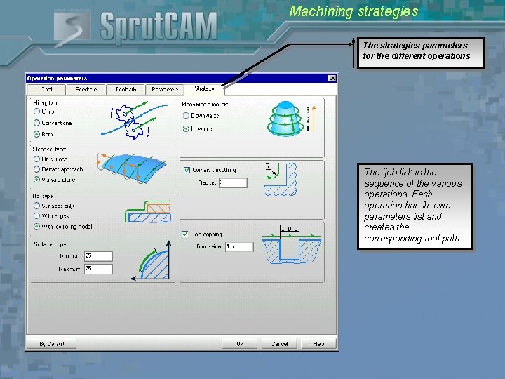 Machining strategies The strategies parameters for the different operations The ‘job list’ is the