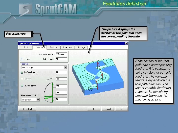 Feedrates definition Feedrate type The picture displays the section of toolpath that uses the