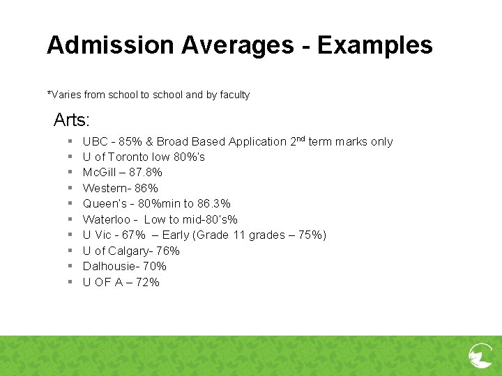 Admission Averages - Examples *Varies from school to school and by faculty Arts: §