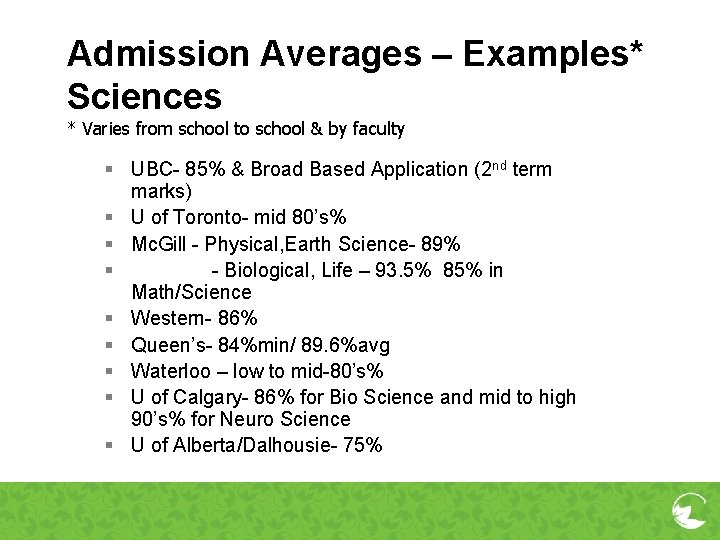 Admission Averages – Examples* Sciences * Varies from school to school & by faculty