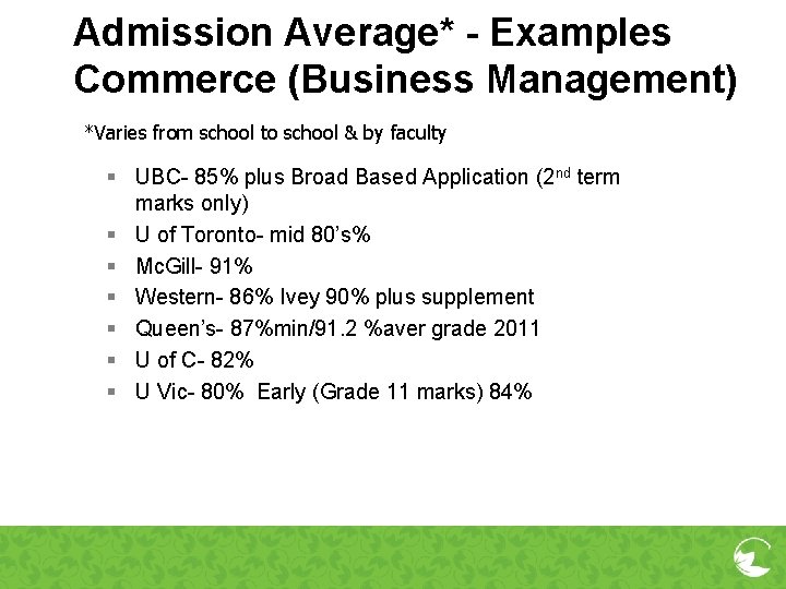 Admission Average* - Examples Commerce (Business Management) *Varies from school to school & by