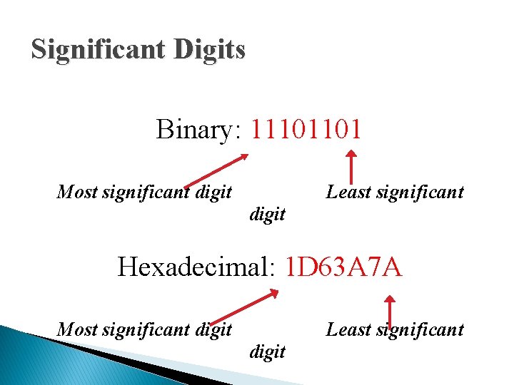 Significant Digits Binary: 11101101 Most significant digit Least significant Hexadecimal: 1 D 63 A