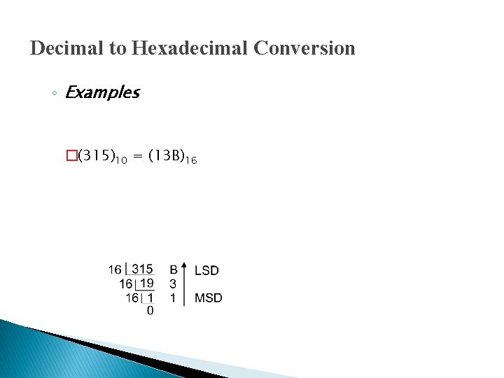 Decimal to Hexadecimal Conversion ◦ Examples �(315)10 = (13 B)16 