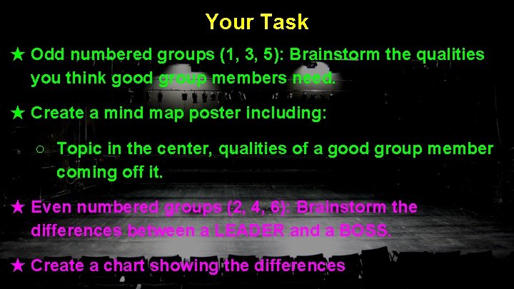 Your Task ★ Odd numbered groups (1, 3, 5): Brainstorm the qualities you think