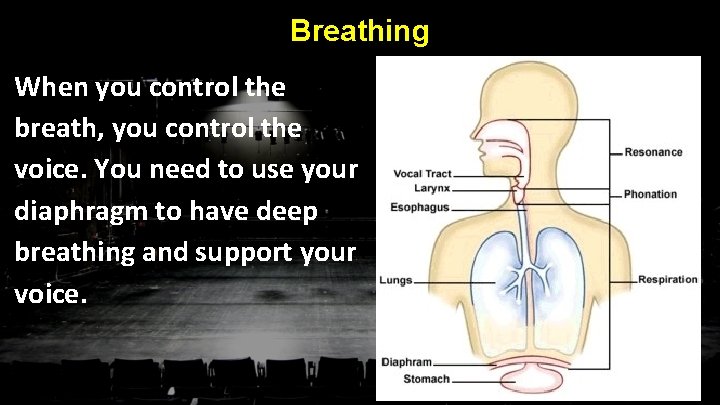 Breathing When you control the breath, you control the voice. You need to use