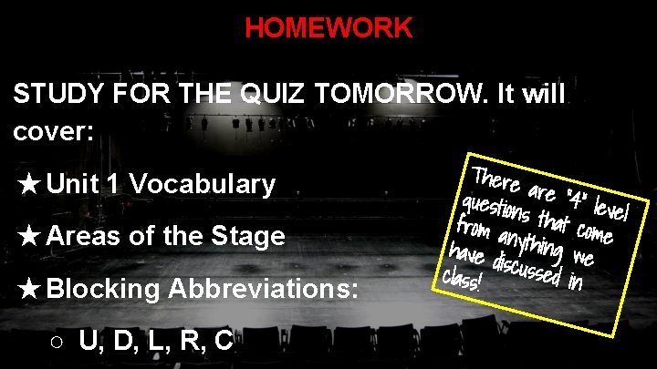 HOMEWORK STUDY FOR THE QUIZ TOMORROW. It will cover: ★ Unit 1 Vocabulary ★