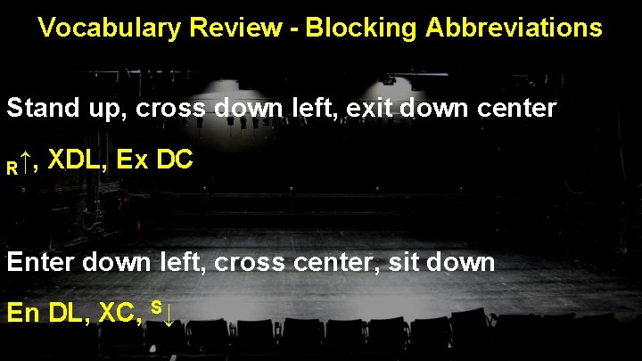 Vocabulary Review - Blocking Abbreviations Stand up, cross down left, exit down center R↑,
